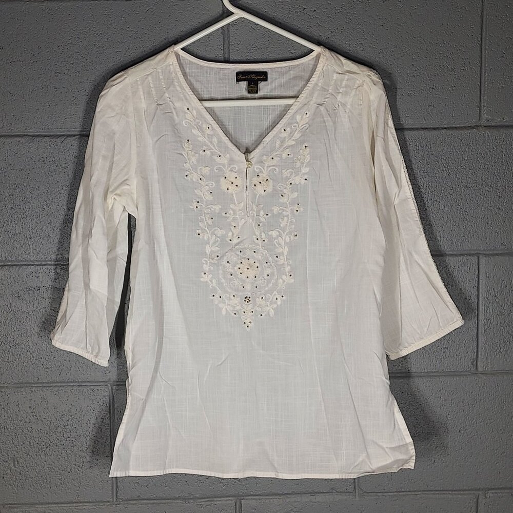 Sweet Magnolia Bohemian Embroidered Tunic Shirt - Cream  - Small